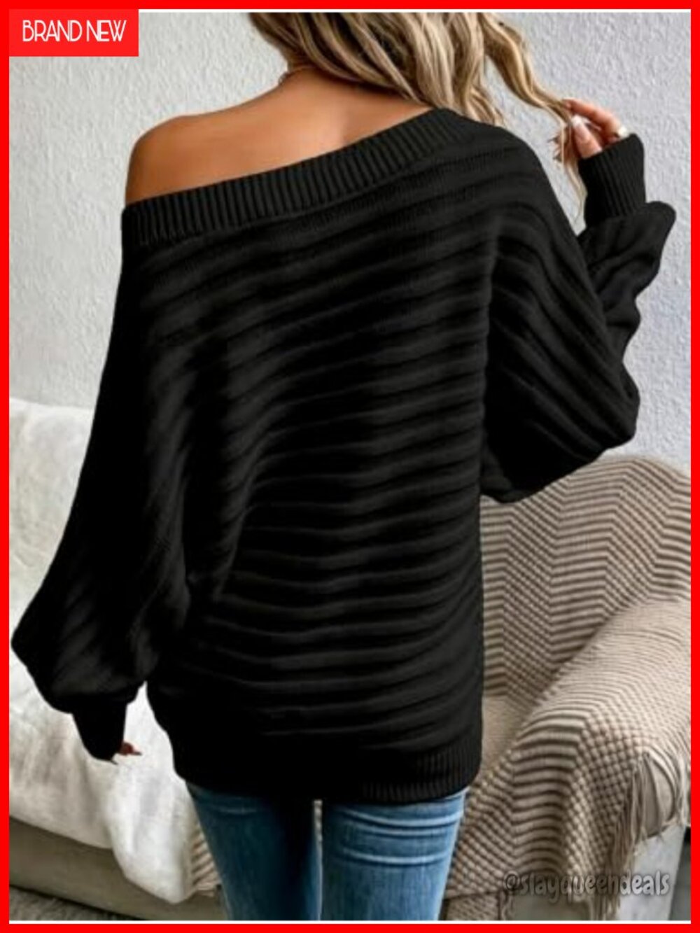 Oversized Off-the-Shoulder Ribbed Knit Pullover Sweater - Picture 4 of 5